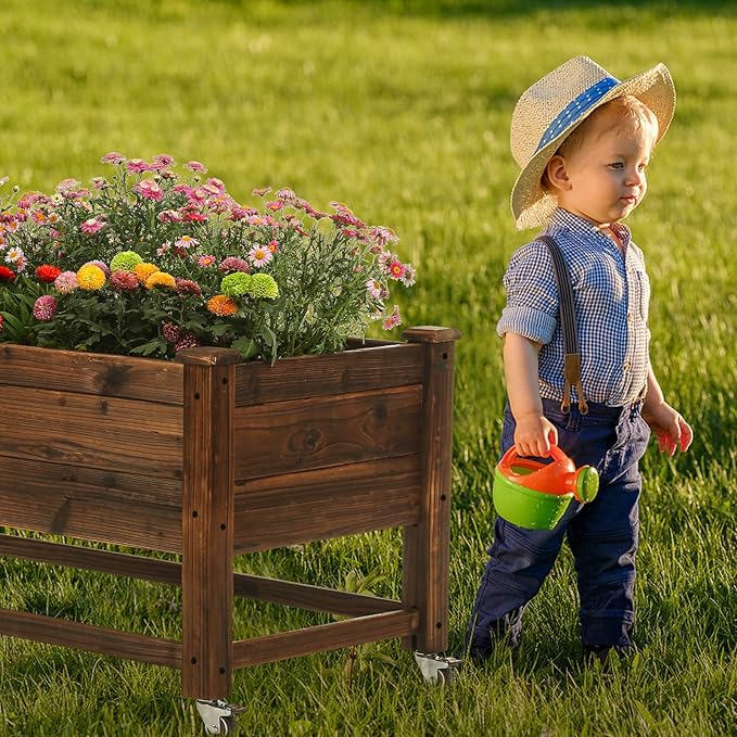 Raised Garden Bed 41x21x20-inch Mobile Elevated Wood Planter Lockable Wheels Outdoor Wood Elevated Planter Box Kit Customized for Children（Brown）