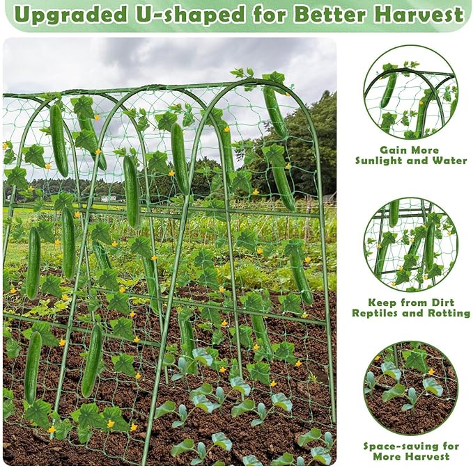 Cucumber Trellis for Raised Bed U-Shape Garden Trellis for Climbing Plants Outdoor with Climbing Net and Plant Support Clip for Tomato Bean Grape Zucchini63 x 47 Inch