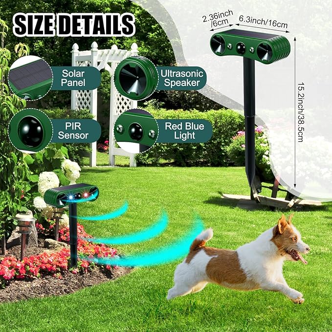 Qualirey 4 Pack Solar Ultrasonic Animal Repellent Outdoor Waterproof Nocturnal Animal Deterrent with Adjustable Motion Sensor Alarm Flashing Light Repel Raccoon Cat Dog Fox Deer for Yard Garden Lawn