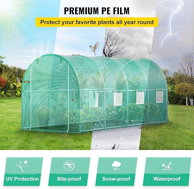 Walk-in Tunnel Greenhouse 14.8 x 6.6 x 6.6 ft Portable Plant Hot House w/ Galvanized Steel Hoops 1 Top Beam Diagonal Poles Zippered Door &amp 8 Roll-up Windows Green