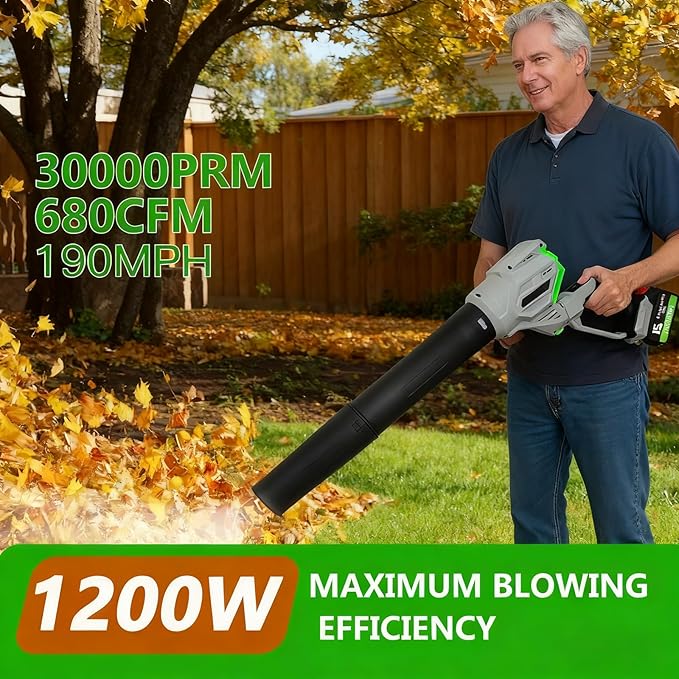 Leaf Blower Cordless 2x21V 6.0 Ah Battery and Charger 680CFM 190MPH Electric Blower 3-Variable Speed &amp Turbo Mode Handheld Leaf Blower Battery Powered for Blowing Leaves Dust Snow