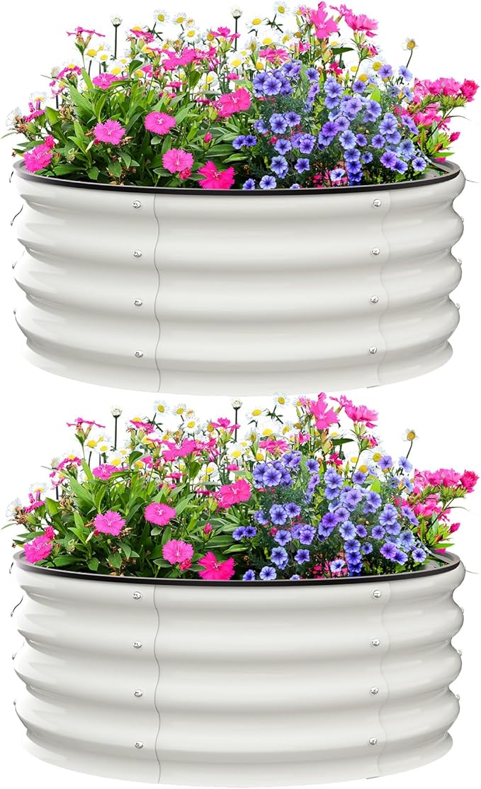 2 - Pack Round Galvanized Raised Garden Bed - 2FT/3FT/4FT Sizes - Outdoor Flower &amp Vegetable Bed - Heavy - Duty &amp Open - Bottom Design 2x2FT