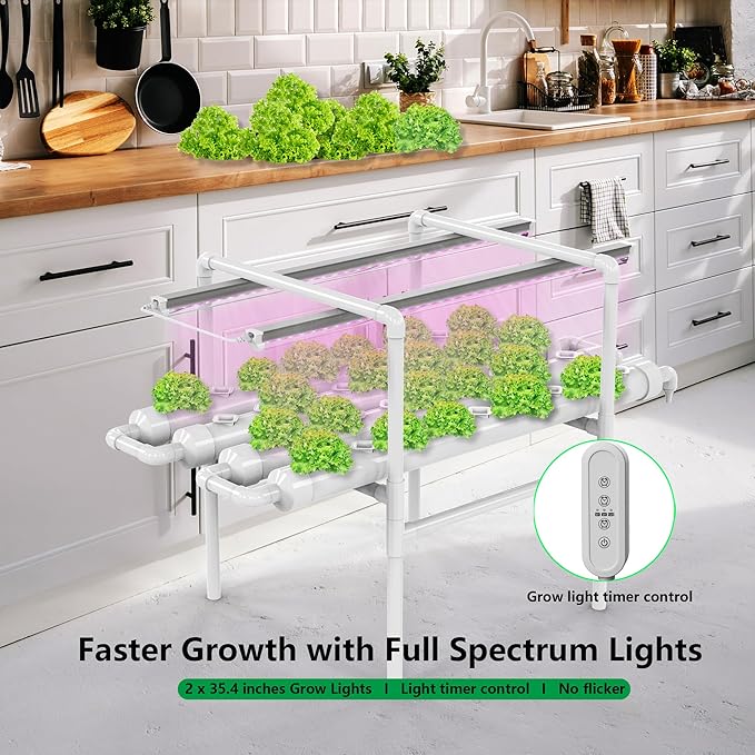 NFT Hydroponic Growing System Kit - Full-Spectrum Grow Lights ＆ Timer | 36 Plant Sites | Food-Grade PVC-U Pipes | Auto Water Pump &amp Timer | Indoor Gardening for Leafy Greens Lettuce &amp Herbs