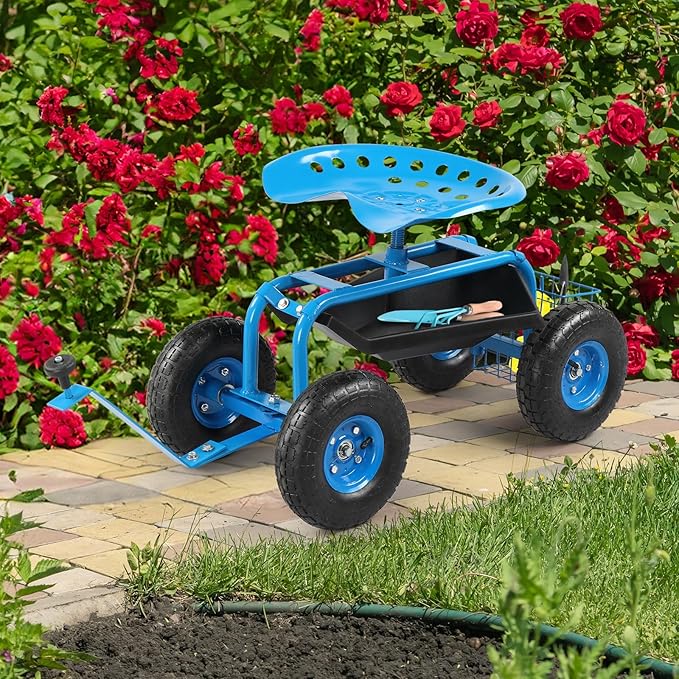 Rolling Garden Work Seat with Wheels Gardening Stool for Planting Garden Scooter with 360 Degree Swivel Seat &amp Steering Handle &amp Tool Tray Blue