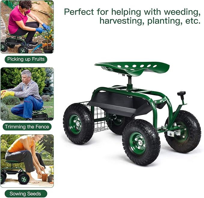 Giantex Garden Cart with Seat Rolling Garden Seat with Wheels Tools Basket 360 Swivel Gardening Workseat Adjustable Height Wagon Scooter for Patio Lawn Yard Outdoor Steerable Stool (Green)