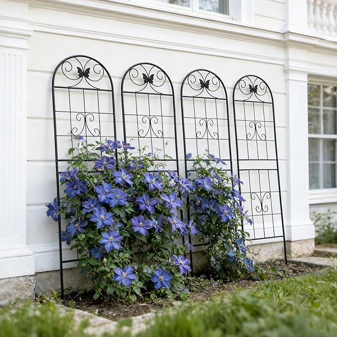 4 Pack Large Garden Trellis Heavy Duty Rustproof Iron Plant Trellis for Potted Plant Support Metal Climbing Rose Trellis Vine Vegetable CucumberBlack-71 H x 19.7 W