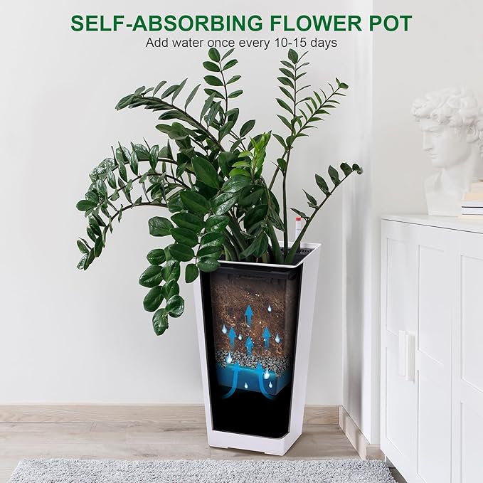 GarveeLife 22.5 in Tall Planters Set of 2 Outdoor＆Indoor Black Planter Pots High Front Porch Planter Pots with Drainage Holes＆Water Level Monitor＆Inner Bucket Automatic Watering White