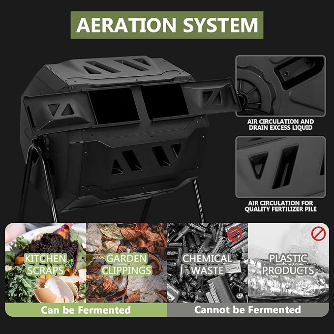 SUPER DEAL Outdoor Compost Tumbler 43 Gallon Dual Chamber BPA Free Large Compost Bin 360° Rotating Tumbling Composter for Garden Yard Black