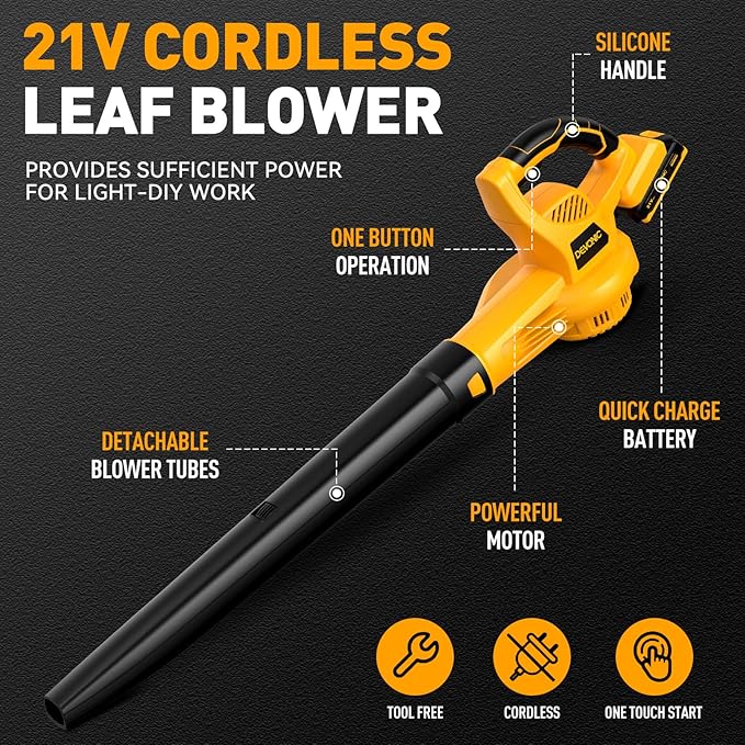 DEVONIC Leaf Blower Cordless 21V Electric Cordless Leaf Blower with 2 Batteries and Charger150MPH for Lawn CarePatio Garden House Depot (Medium Cordless Leaf Blower)