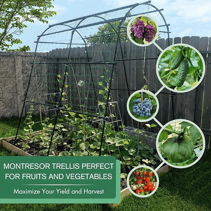 Garden Arch Trellis 7FT Extra Tall Polyethylene-Coated Stainless Steel Garden Trellis for Climbing Plants Outdoor Garden Trellis Arch for Cucumber Trellis | Gardening Trellis with Clips (Black)