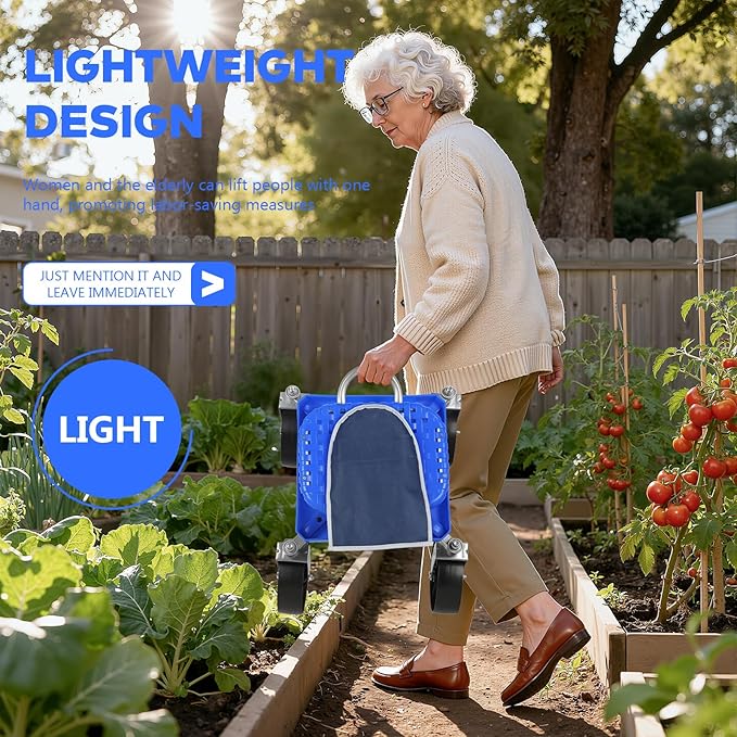 Rolling Garden Cart on Wheels Foldable Garden Seat Rolling Stool with Storage Shelf Adjustable Height 360 Degree Swivel Seat Outdoor Lawn Yard Work Seats Utility Stool Cart (Blue &amp Storage)