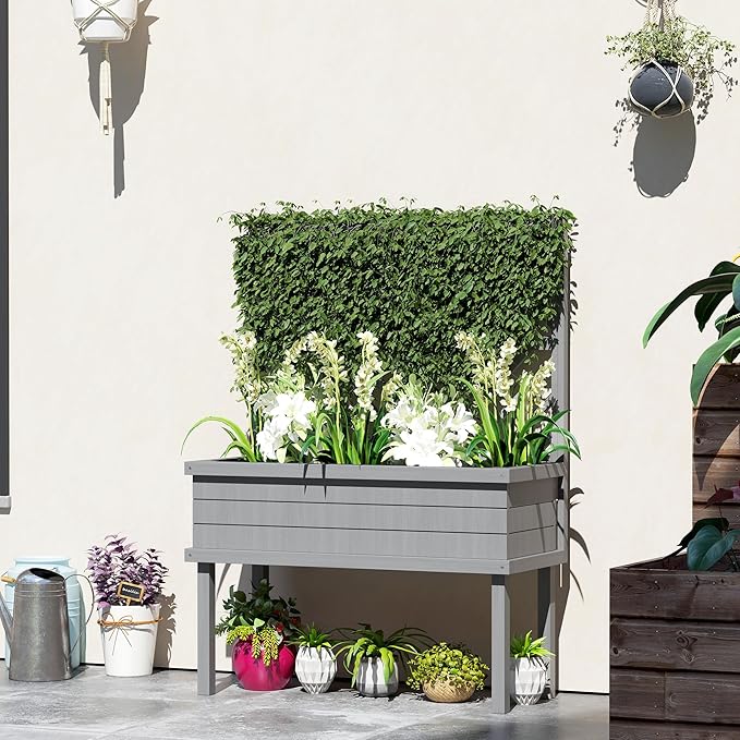 Wooden Planter Box with Trellis Elevated Raised Garden Bed for Climbing Plants Fir Wood Flower Shelf with Drainage Holes Gray 41.25 W x 17.75 D x 55 H
