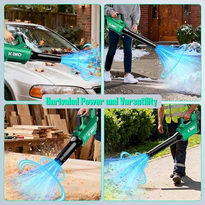 KIMO Cordless Leaf Blower with Battery and Charger 750CFM 220MPH 4 Speeds w/Turbo Mode Brushless Motor 3 Extended Tube 2x4.0Ah Battery Powered Leaf Blowers for Lawn Care Patio Cleaning Wet Leaves