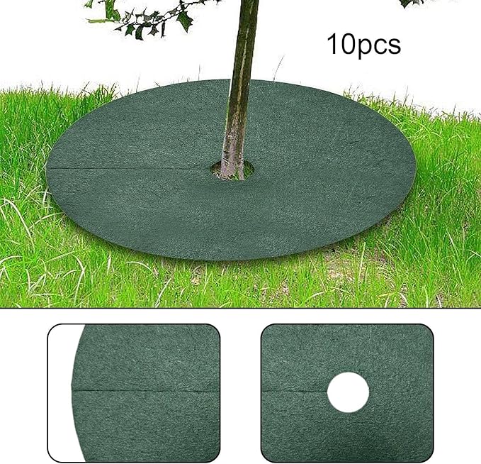 10 Pieces Tree Mulch Rings for Weed Control Barrier Fabric Round Moisturizing Fruit Tree Protector Non Woven Green- 72cm 8cm Hole