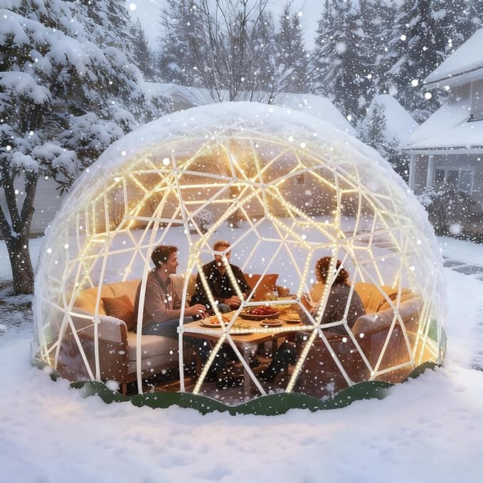 12FT Garden Dome Tent Geodesic Dome Greenhouse with PVC Clear Cover Waterproof Garden Bubble Dome Tent House with 2 x 10M Light Strings for Outdoor Patio Party Green Edge 12.5FT/3.81M