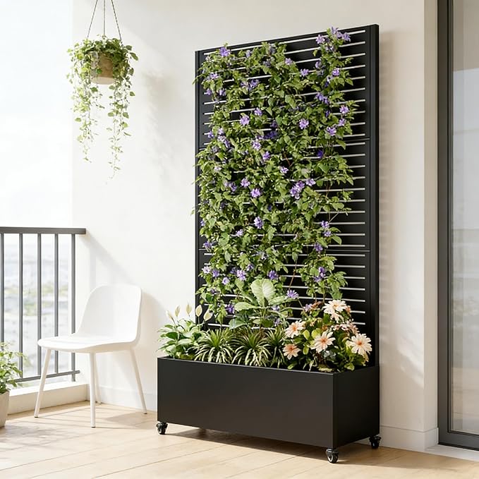 Metal Planter Box with Trellis Privacy Screen Raised Garden Bed with 4 Wheels Privacy Planters for Patio Planter Box with Drainage Holes for Climbing Plants Vegetables (Rectangle)