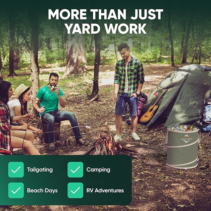 Timber &amp Tundra 40-Gallon Collapsible Trash Can Set of Two with Stakes Gardening Gloves and Kneeling Pads | Pop Up Trash Can for Camping