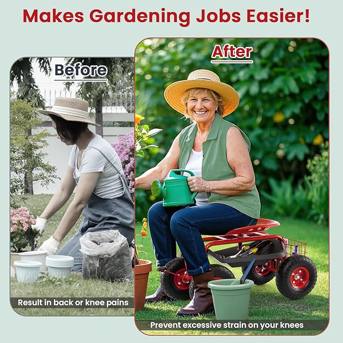 Giantex Garden Workseat 360 Swivel Rolling Seat with Wheels Tools Basket Gardening Cart with Seat Adjustable Height Wagon Scooter for Patio Lawn Yard Outdoor Steerable Stool (Red)