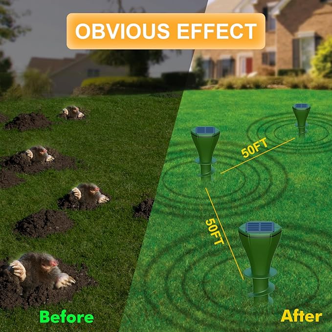Mole Repellent Solar Powered 4 Pack IP65 Waterproof Mole Vole Repellent for Yard Gopher Groundhog Deterrent for LawnUltrasonic Repellent OutdoorKeeps Snakes Lizard Groundhog Skunk Out of Yard