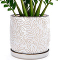 D'vine Dev 10 Inch Embossed Leaves Stoneware Planter Pot with Drainage Hole and Saucer Smoked White 27-A-P-1