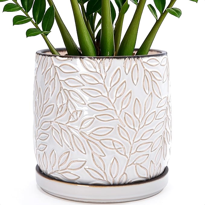 D'vine Dev 10 Inch Embossed Leaves Stoneware Planter Pot with Drainage Hole and Saucer Smoked White 27-A-P-1