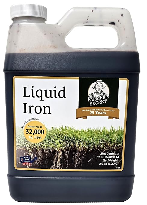 Farmer’s Secret Liquid Iron for Lawns and Gardens - Chelated Liquid Iron Supplement - For use on all Types of Grass Plants and Trees - Covers 32K Square Feet (32oz)