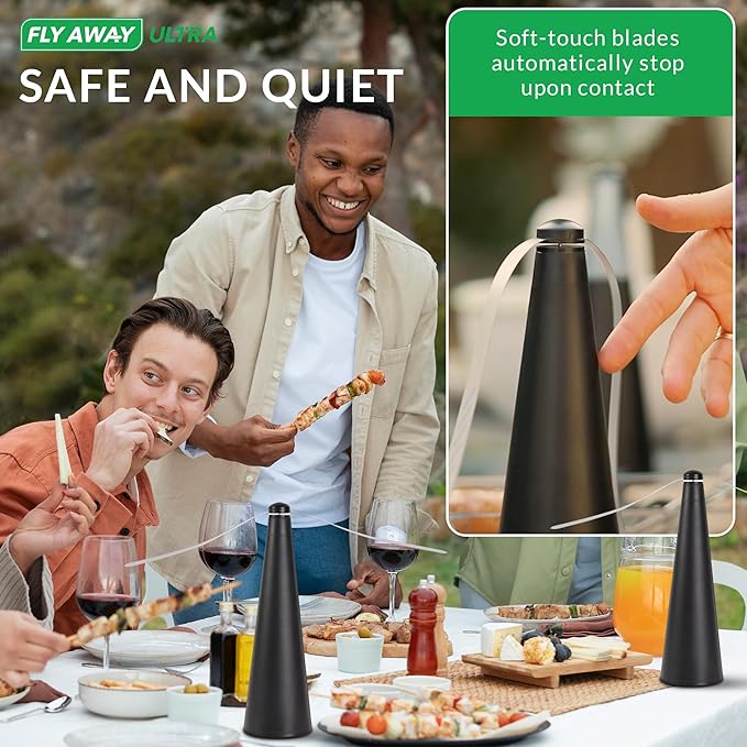 Fly Away Ultra - 2 Pack Rechargeable Outdoor Fly Fans for Tables with Ultrasound Outdoor or Indoor Tabletop use Restaurant Barbeque Events Deter Flies Wasps Bees Moscas and Bugs Hanging Hook.