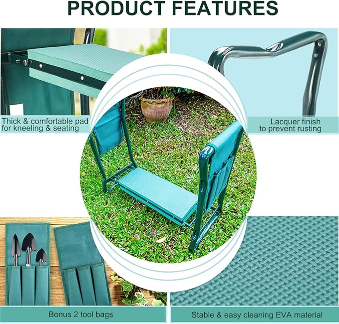 Gardening Kneelers Folding 2 in 1 Gardening Kneeler Seat Garden Bench Lightweight Stools with 2 Tool Pouches Lightweight Garden Kneeler with Thicken and Widen Soft Kneeling Pad