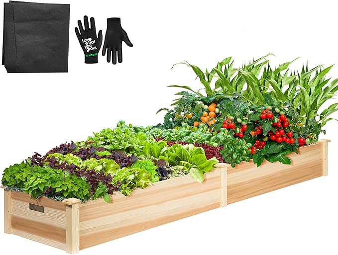 VIVOSUN 8×2Ft Wooden Raised Garden Bed 97 x 25 x 11 Inches Outdoor Wood Planter Box with Gloves and a Liner for Garden Patio Balcony Backyard and Outdoors