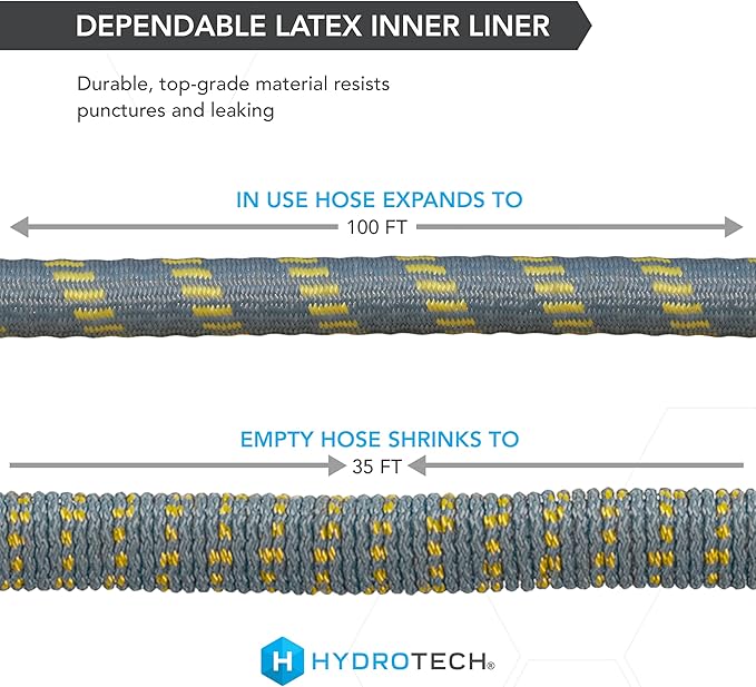 HydroTech 100 ft Expandable Garden Hose with Patented Force Control Technology - 5/8 No-Kink Flexibility Lightweight Hose for Lawn Garden Car Washing Deck and Patio Cleaning