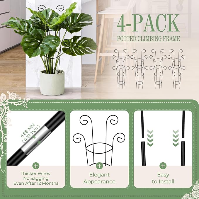 4 Pack 30 Inch Tall Metal Plant Trellis for Climbing Plants Indoor - Rustproof Garden Trellis for Potted Houseplants Sturdy Support for Ivy Pothos Monstera Hoya &amp Flower Vines