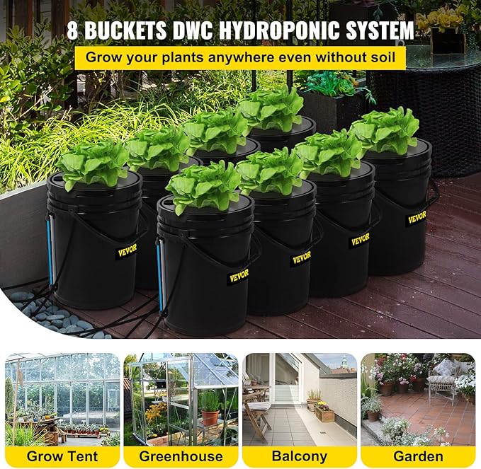 VEVOR DWC Hydroponic System 5 Gallon 8 Buckets Deep Water Culture Growing Bucket Hydroponics Grow Kit with Pump Air Stone and Water Level Device for Indoor/Outdoor Leafy Vegetables