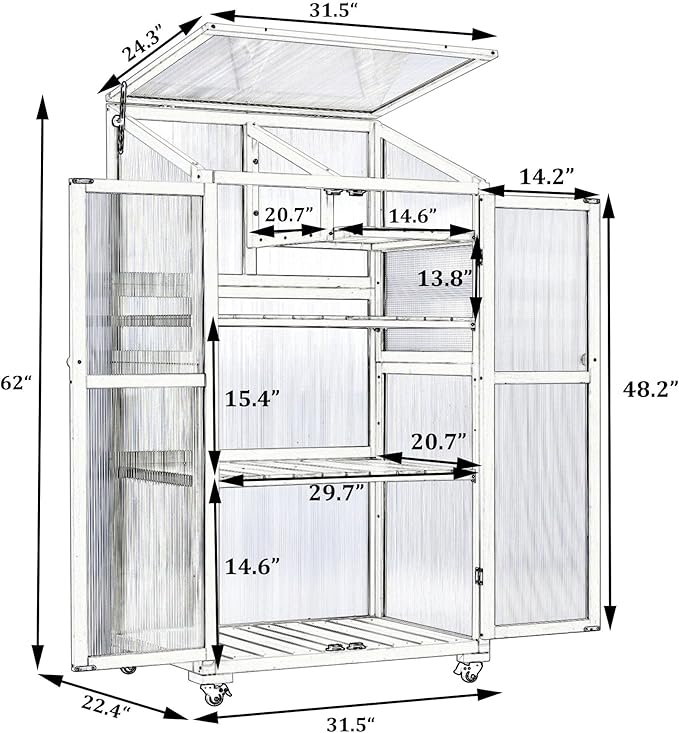 62inch Height Wood Large Greenhouse Balcony Portable Cold Frame with Wheels and Adjustable Shelves for Outdoor Indoor Backyard Mudroom (Black/Garden)