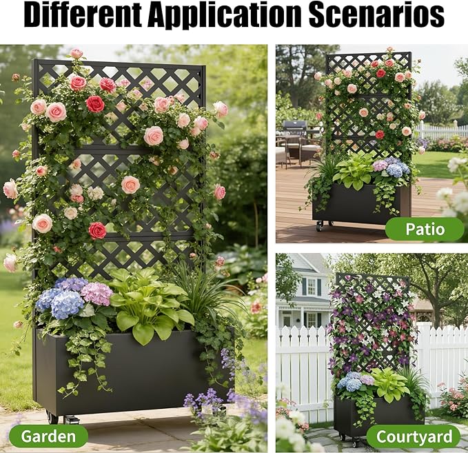 72 Planter Box with Trellis &amp Wheels Planter Boxes Outdoor with Drainage Hole for Climbing Plants Raised Planter with Privacy Screen Black