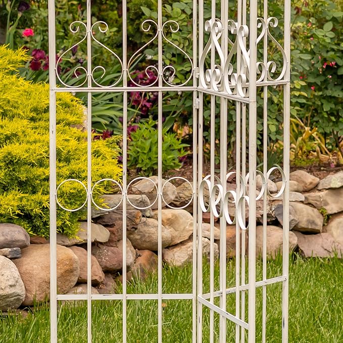 Zaer Ltd. Metal Garden Arch Trellis 7.7ft Tall Three-Panel Design with Fleur-de-lis 25 x 25 x 92.5 inches (Antique White)