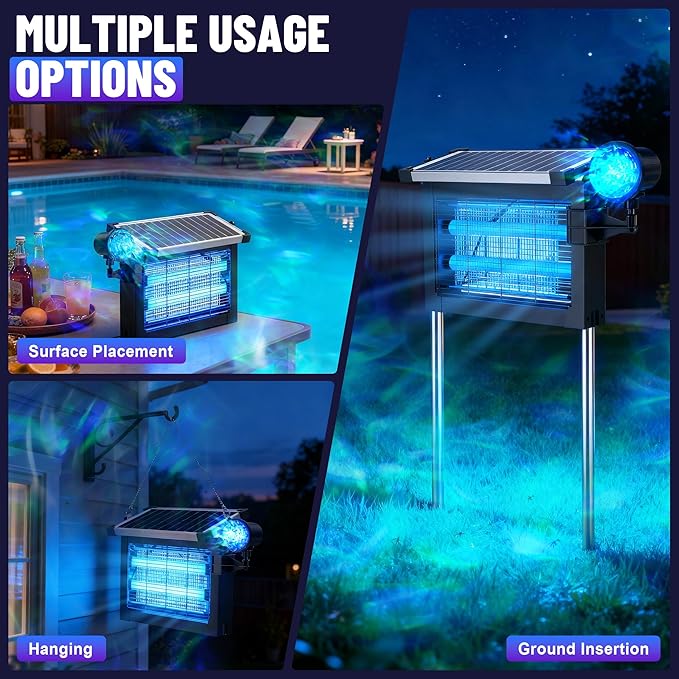 Solar Bug Zapper Outdoor Rechargeable &amp Solar Powered 4500V High Voltage for Effective Mosquito &amp Multi-Insect 14-Color Projector Light Waterproof for Camping Patio Courtyard Path Outdoor