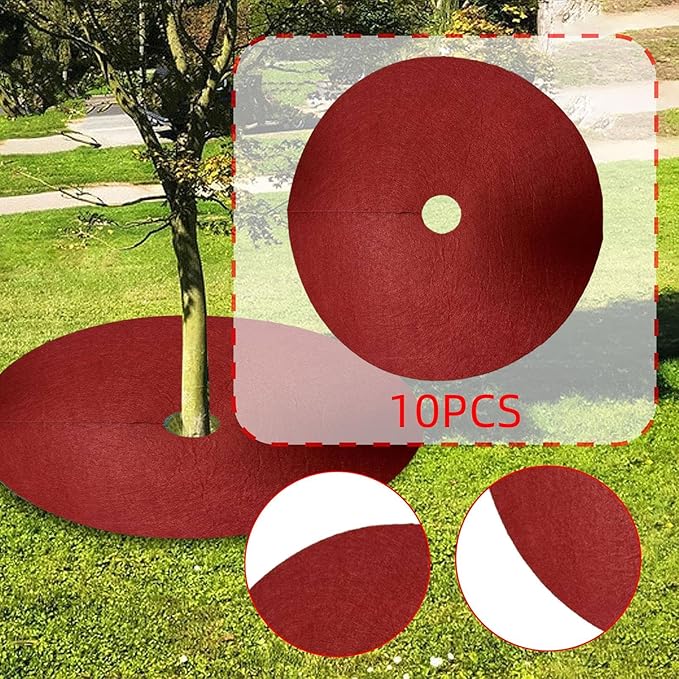 10x Tree Mulch Rings Weed Barrier Fabric with 2.76 Hole Gardening Thickened Plant Cover Breathable Non Woven Tree Protector Red