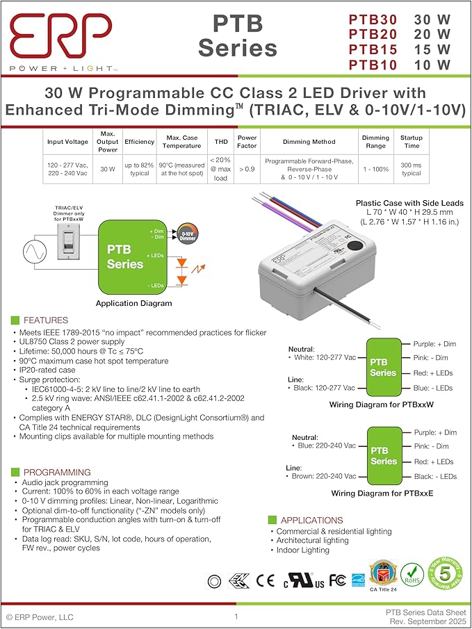 ERP PTB30W-0700-42-FN ERP Power Constant Current Driver - 29.4W 700mA | Output Voltage 28-42Vdc | Tri-Mode Dimmable