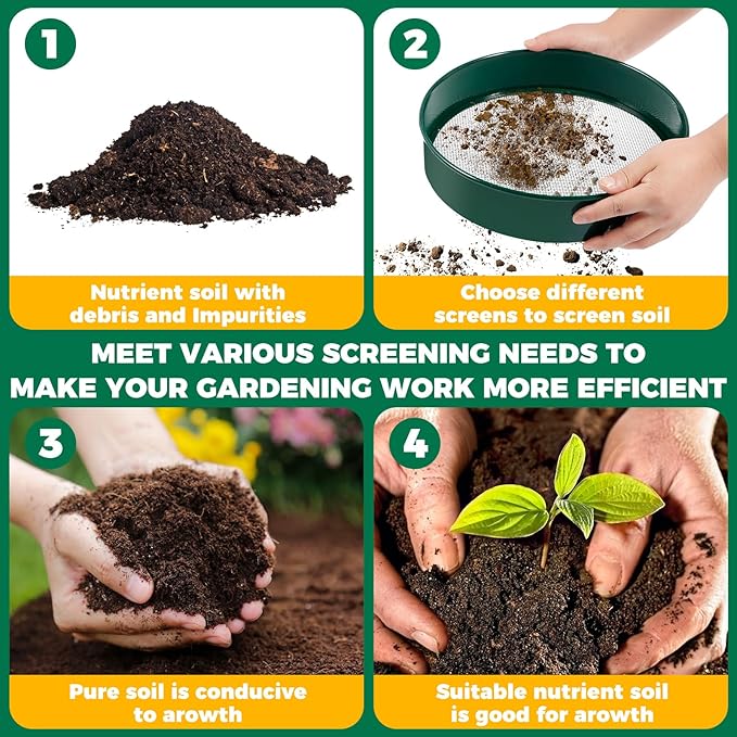 Soil Sifter for Gardening 12 Inch Dirt Garden Sieve Soil Sifter with 4 Replaceable Fine Screens and Shovel and Soil Replacement Pad Rock Sieve Sifter Soil Sieve Sifter Set Sifting Pan