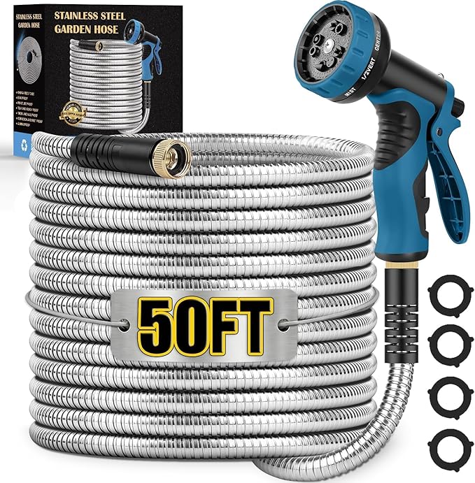 Metal Garden Hose 50FT Stainless Steel Water Hose with 10 Function Nozzle Solid Brass Fittings Lightweight Kink-Free &amp Dog Chew Proof for Lawn Yard RV Car Wash 550PSI