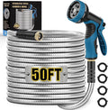 Metal Garden Hose 50FT Stainless Steel Water Hose with 10 Function Nozzle Solid Brass Fittings Lightweight Kink-Free &amp Dog Chew Proof for Lawn Yard RV Car Wash 550PSI
