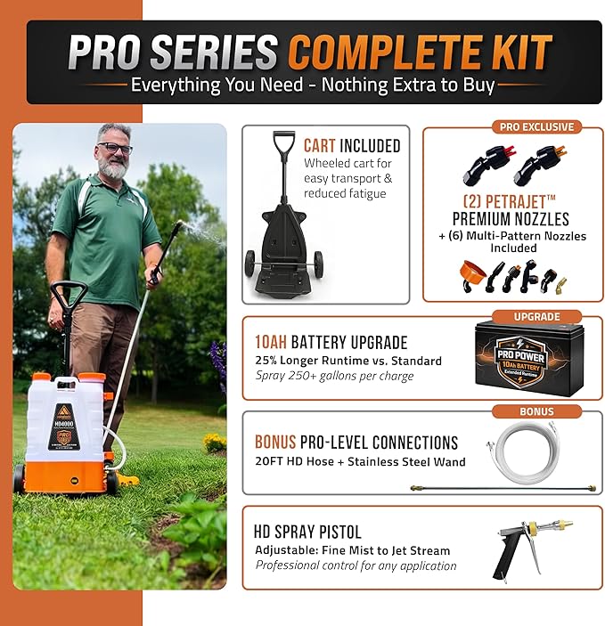 PetraTools Battery Powered Backpack Sprayer 4 Gallon - 8 Hours Long Battery Life &amp Padded Straps for Comfort - HD4000 Electric Backpack Garden Sprayer with 9 Spray Nozzles (HD4000 ProSeries with C