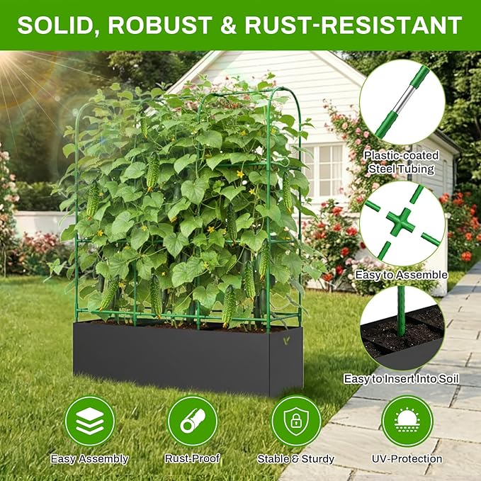 U-Shape Cucumber Trellis with Grow Bag 64 Tall Metal Garden Trellis for Climbing Plants Outdoor Reusable Cucumber Trellis for Raised Bed with Garden Netting for Tomatoes Peas Plant Vines Support