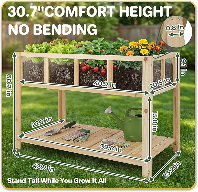 Raised Garden Bed Outdoor with Shelf 43.7''x23.2''x30.7''Wood Planter Box with Transparent Window Drainage Holes Liner Garden Beds Flower Stand for Balcony Kitchen Gift for Gardening