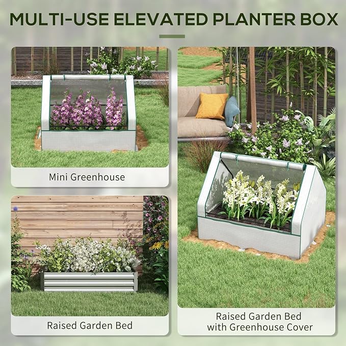 Raised Garden Bed with Mini Greenhouse - Galvanized Outdoor Planter Box Perfect for Herbs Vegetables and Flowers