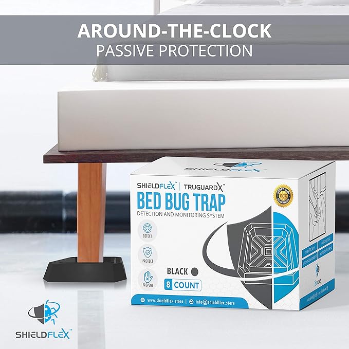 Bed Bug Trap — 8 Pack | TruGuard X Bed Bug Interceptors (Black) | Eco Friendly Traps for Bed Legs | Reliable Insect Detector Interceptor and Monitor for Pest Control and Treatment