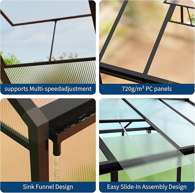 8X12FT Outdoor Greenhouse Aluminum Polycarbonate House Green Houses for Outside with Sliding Doors Ajustable Roof Vent Withstands Bad Weather for Garden or Backyard Black