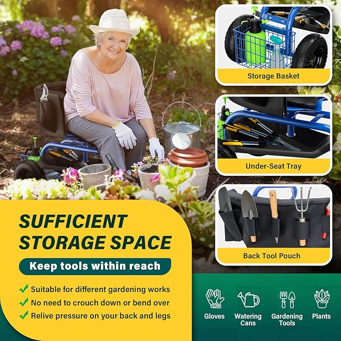 Garden Seat with Wheels Rolling Garden Stool with Adjustable 360°Swivel Seat Storage Basket &amp Extendable Handle Outdoor Gardening Scooter Garden Cart Workseat Stools for Seniors