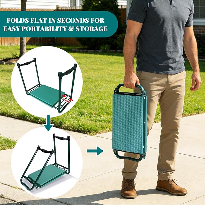 Heavy-Duty Garden Kneeler and Seat with Two Tool Bag Extra-Wide 11.02 Foldable Gardening Stool for Knee &amp Back Support | Non-Slip Portable Bench for Women Men Seniors Mom Dad