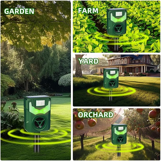 2 Pack 2025 Solar Ultrasonic Repellent Outdoor Deer Repellent Devices with Motion Detection Cat Squirrel Rabbit Deterrent for Yard Waterproof Animal Deterrent Light for Skunk Racoon Rodent Dog Mole